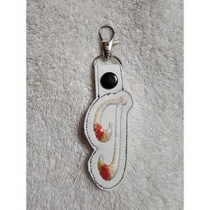 Letter J Keychain Embroidered Initial Bag‎ Charm Purse Charm White